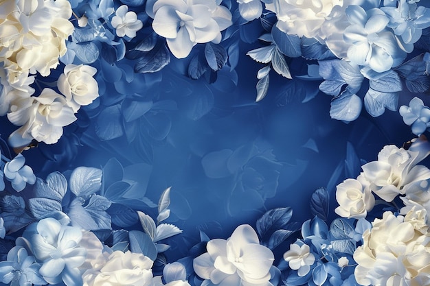 there is a blue and white flower arrangement with a blue background generative ai