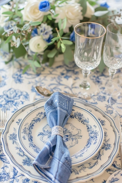 there is a blue and white table setting with a blue napkin generative ai