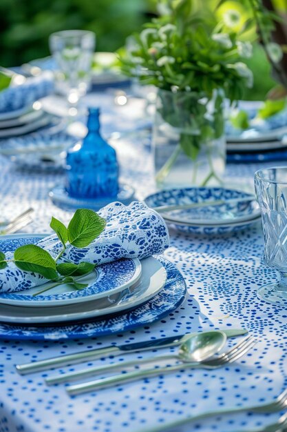 there is a blue and white table setting with a vase of flowers generative ai