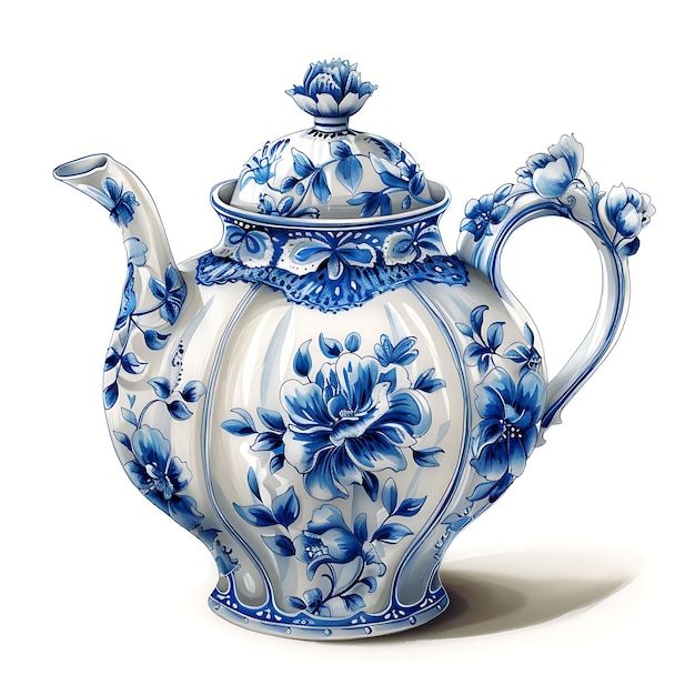 Photo there is a blue and white teapot with a lid