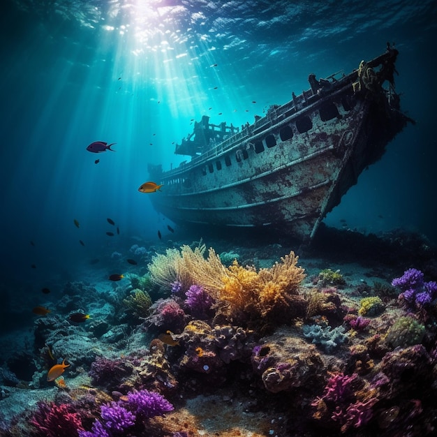 There is a boat that is under the water with many fish generative ai