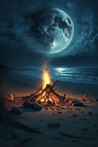 There is a bonfire on the beach with a full moon in the background generative ai