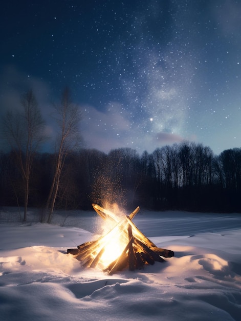 There is a bonfire in the snow with a sky full of stars generative ai