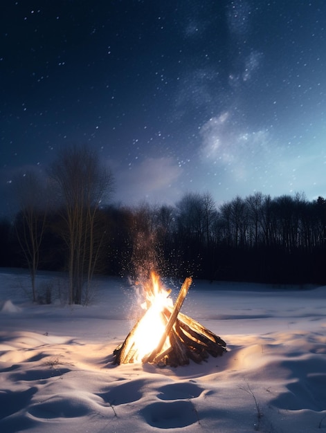 There is a bonfire in the snow with a sky full of stars generative ai