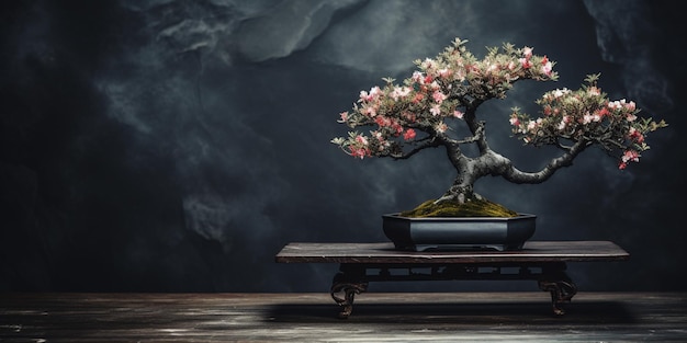 There is a bonsai tree that is sitting on a table generative ai