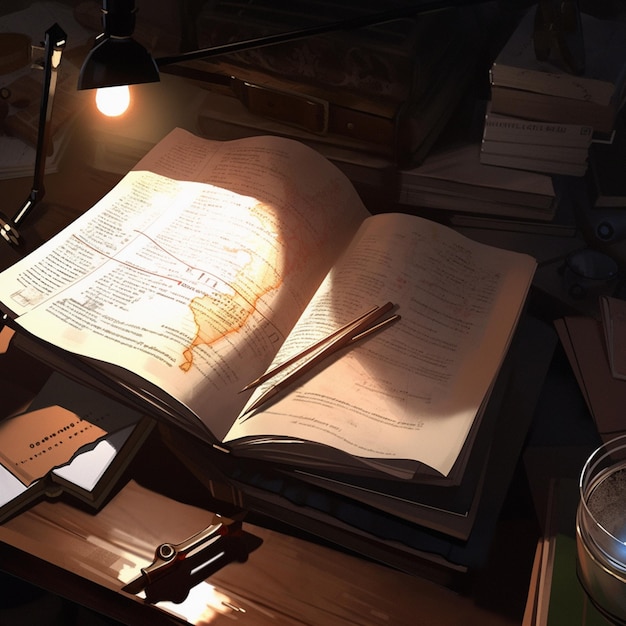 There is a book and a lamp on a desk with books generative ai