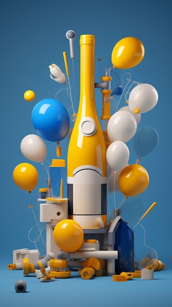 there is a bottle of champagne and balloons on a table generative ai