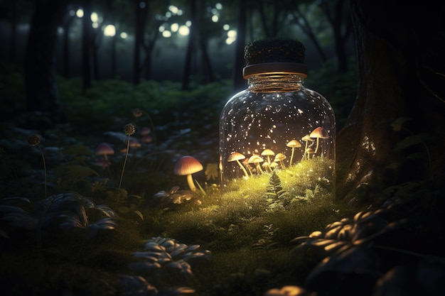 There is a bottle containing fireflies on the rocks of AI Forest