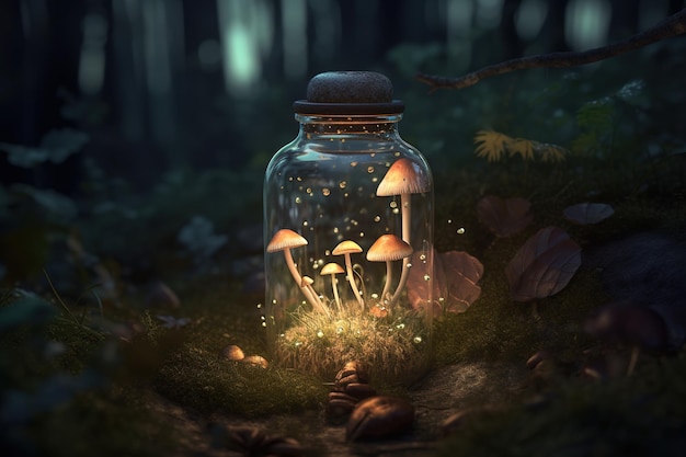 There is a bottle containing fireflies on the rocks of AI Forest