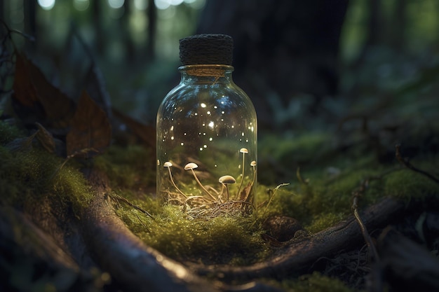 There is a bottle containing fireflies on the rocks of AI Forest