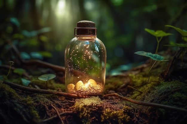 There is a bottle containing fireflies on the rocks of AI Forest