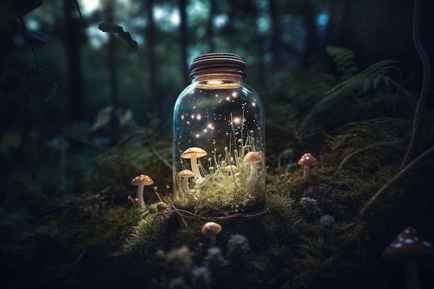 There is a bottle containing fireflies on the rocks of AI Forest