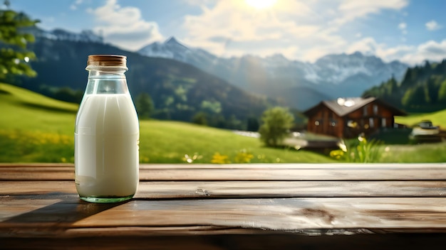 Photo there is a bottle of milk sitting on a table in front of a mountain