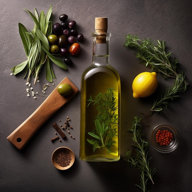 There is a bottle of olive oil and some herbs on a table generative ai