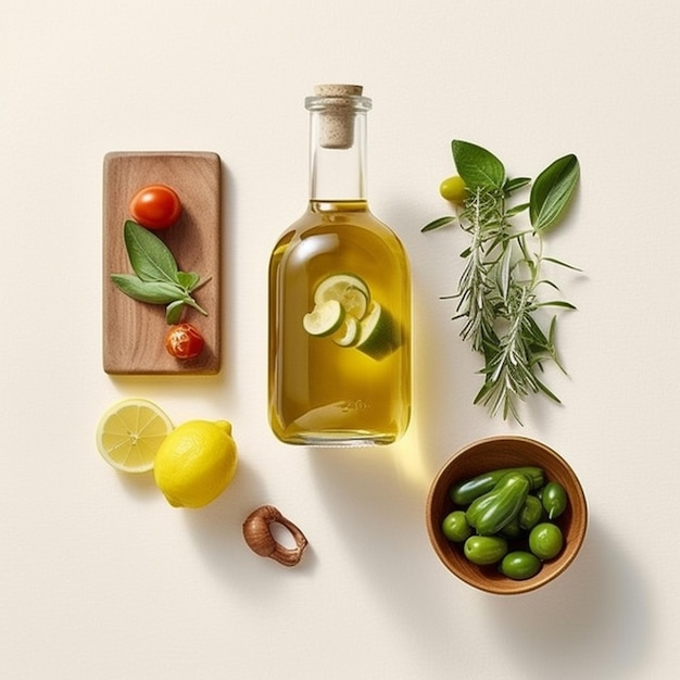 There is a bottle of olive oil and some olives and a cutting board generative ai