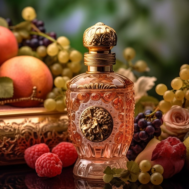 There is a bottle of perfume sitting on a table with fruit generative ai