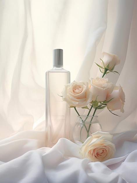 there is a bottle of perfume with roses in it on a white cloth generative ai