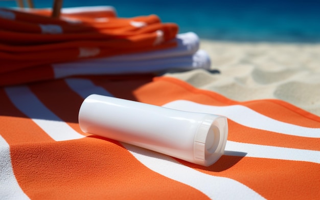 There is a bottle of sunscreen cream on a towel on the beach generative ai