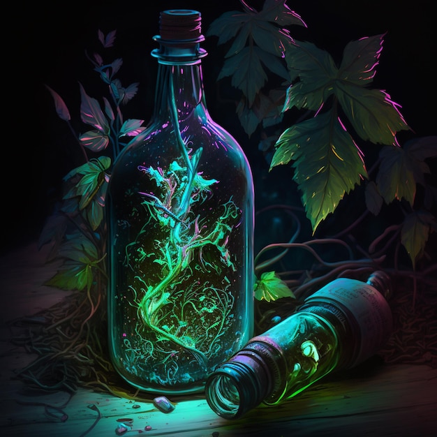 There is a bottle with a glowing dragon inside of it generative ai