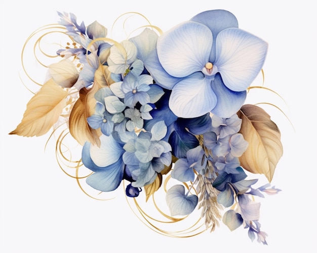 there is a bouquet of blue flowers with gold leaves generative ai