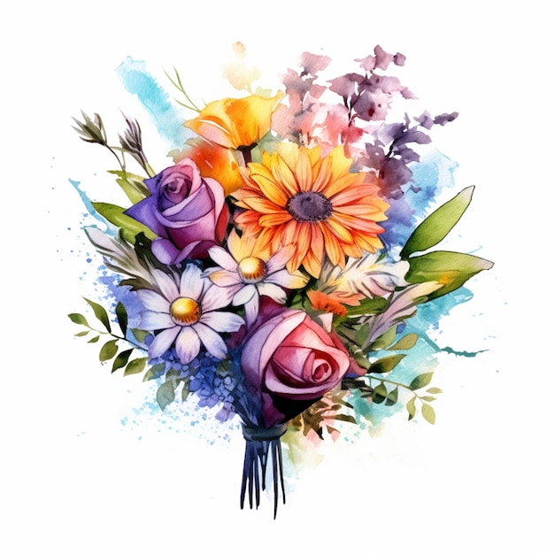 There is a bouquet of flowers with watercolor paint on it generative ai