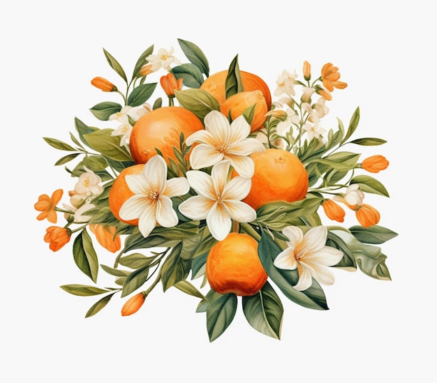 There is a bouquet of oranges and white flowers on a white background generative ai