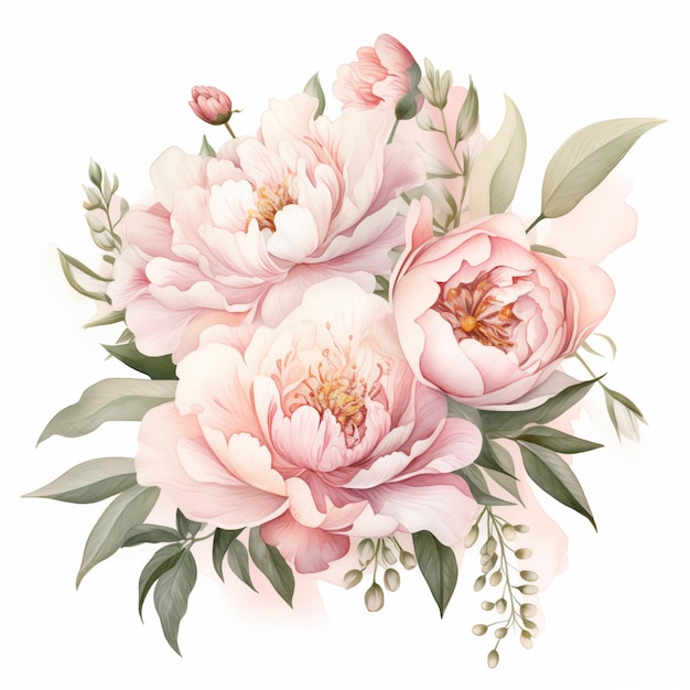 there is a bouquet of pink flowers with green leaves on a white background generative ai