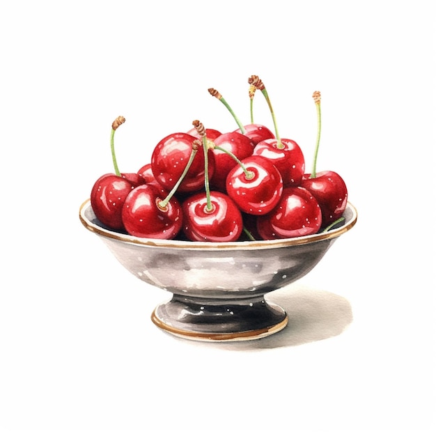 there is a bowl of cherries on a white surface generative ai