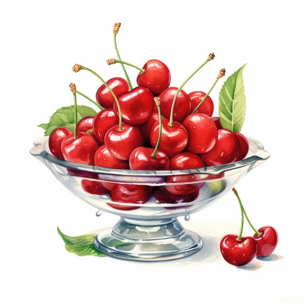 there is a bowl of cherries with leaves on the side generative ai