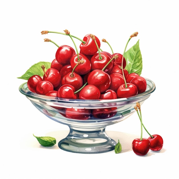 there is a bowl of cherries with leaves on the side generative ai