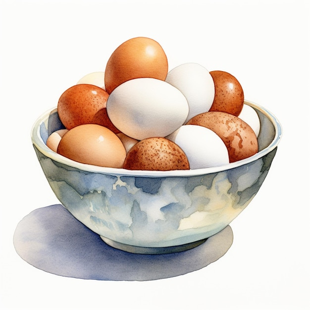 there is a bowl of eggs on a table with a white background generative ai