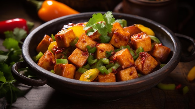 there is a bowl of food with vegetables and sauce on a table generative ai