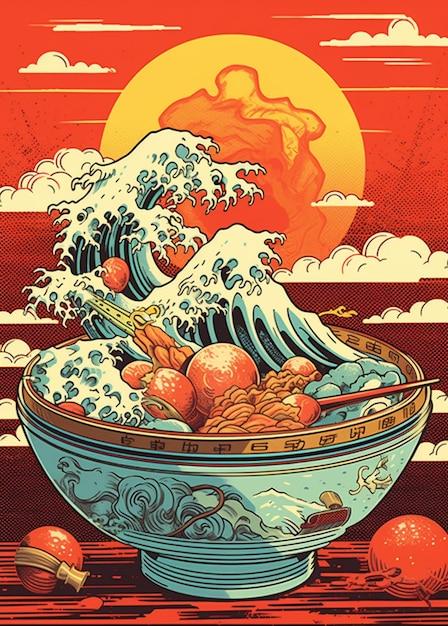 there is a bowl of food with a wave in the background generative ai