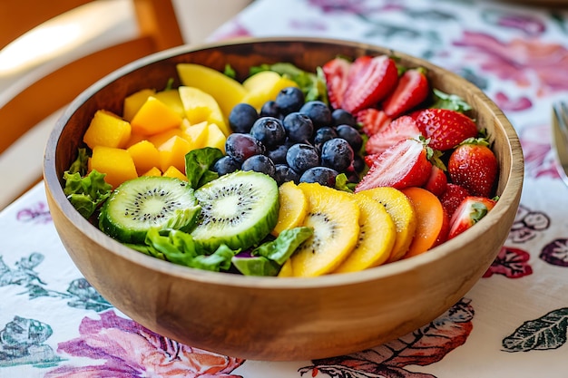 Photo there is a bowl of fruit on a table with a fork