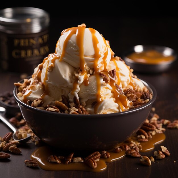 there is a bowl of ice cream with caramel sauce and pecans generative ai