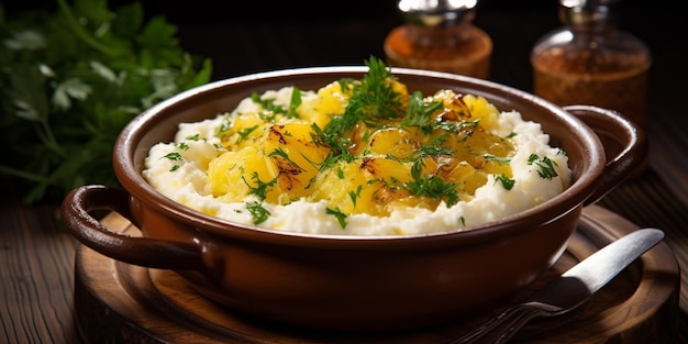 There is a bowl of mashed potatoes with pineapples and parsley generative ai