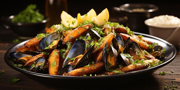 There is a bowl of mussels and potatoes on a table generative ai