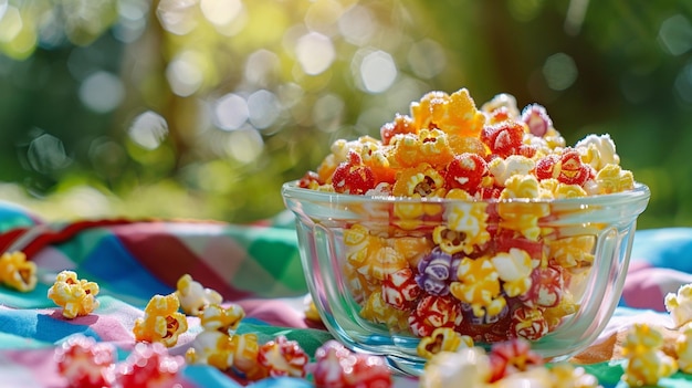 there is a bowl of popcorn on a table with a colorful cloth generative ai