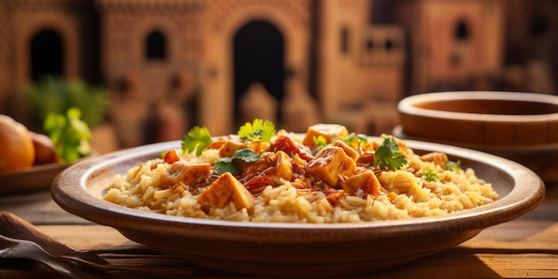 There is a bowl of rice with meat and vegetables on a table generative ai