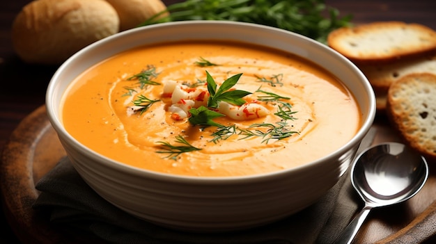 there is a bowl of soup with shrimp and bread on the side generative ai