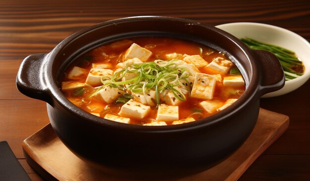 There is a bowl of soup with tofu and green onions generative ai