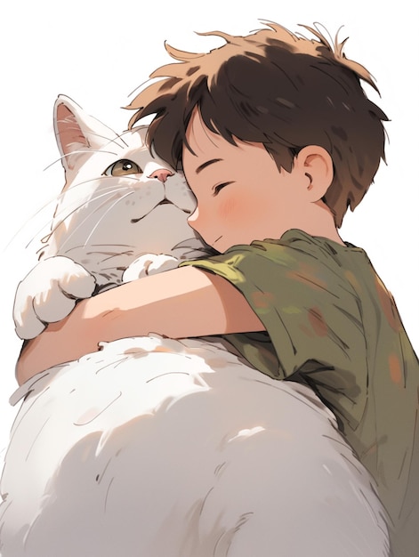 There is a boy hugging a cat with his arms around him generative ai