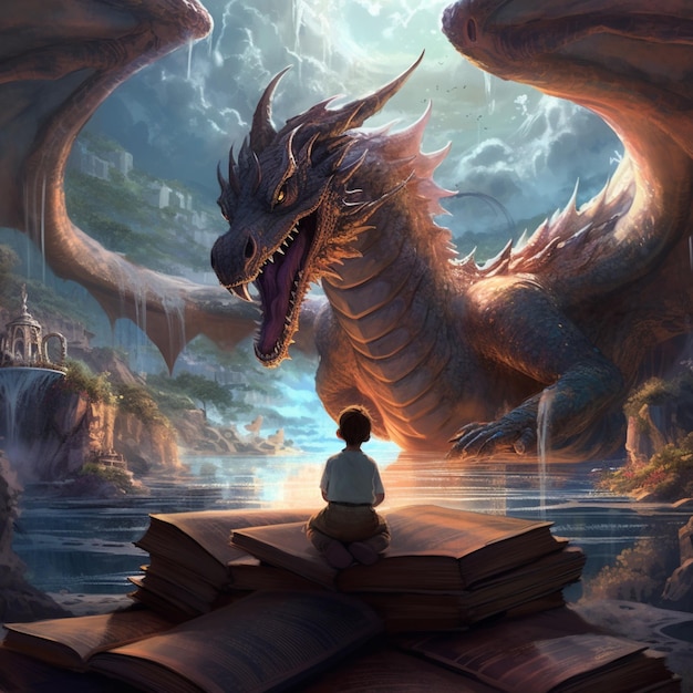 there is a boy sitting on a book looking at a dragon generative ai