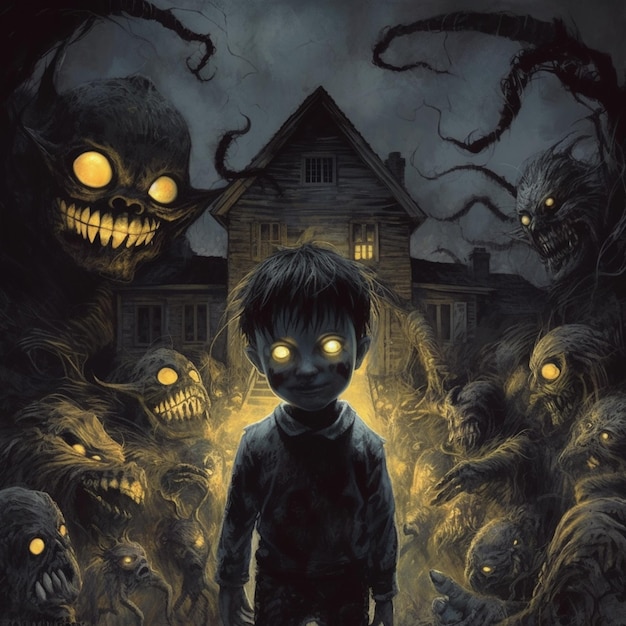 There is a boy standing in front of a house with many creepy creatures generative ai