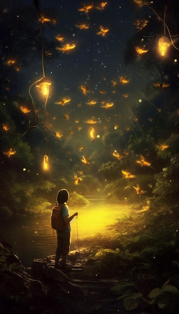 There is a boy standing on a rock looking at a firefly generative ai