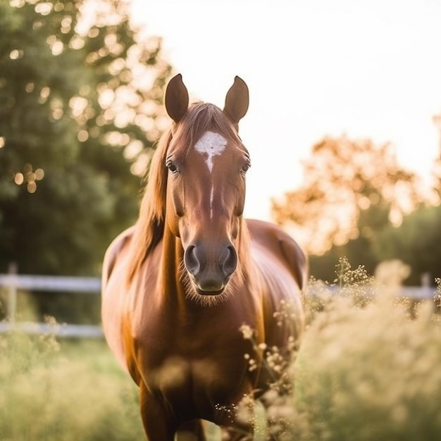 There is a brown horse standing in a field of tall grass generative ai