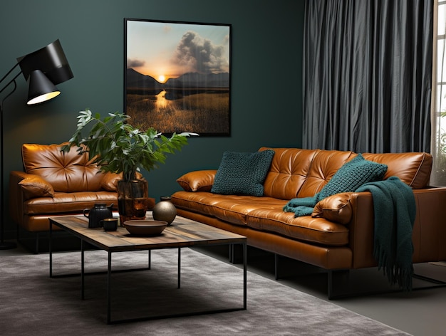 There is a brown leather couch and a brown chair in a living room generative ai