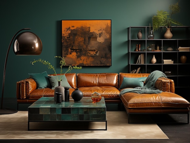 There is a brown leather couch and a brown ottoman in a living room generative ai