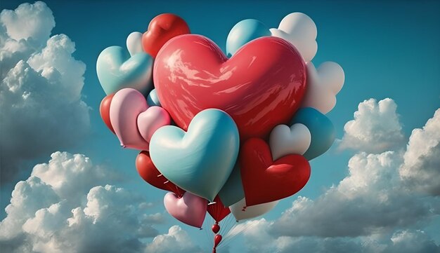 There is a bunch of heart shaped red pink and white colour foil balloons flying on the blue sky and