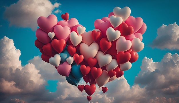 There is a bunch of heart shaped red pink and white colour foil balloons flying on the blue sky